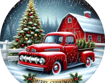 Farmhouse Christmas Metal Wreath Sign: Rustic Red Truck