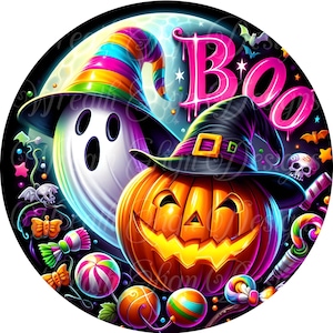 Neon Ghost & Pumpkin Metal Wreath Sign: Halloween Witch Decor