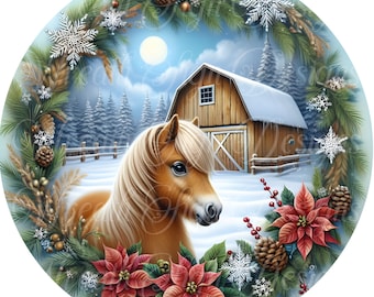 Christmas Horse Wreath sign, winter, Round metal sublimated sign