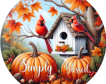 Fall Wreath Sign: Cardinals, Pumpkins, Autumn Harvest Metal Center