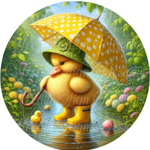 April Showers Duck in the rain,  Umbrella, Spring metal sign  Round sign, Wreath attachment, Wreath center, easter tiered tray sign