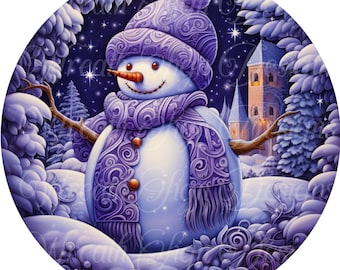 May include: A purple and white snowman with a swirling pattern on its scarf and hat stands in a snowy winter scene. The snowman is holding a branch in its right hand. The background features a small church with a lit window and a starry night sky.