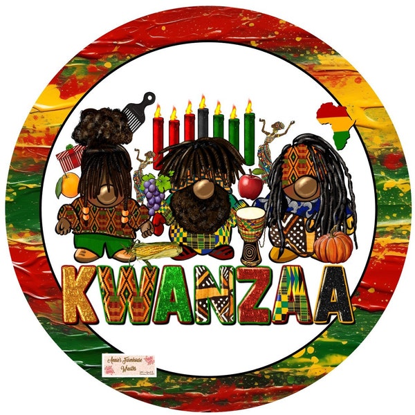 Kwanzaa Celebration sign, gnome sign, gnome holiday wreath center, Round sublimation metal wreath sign