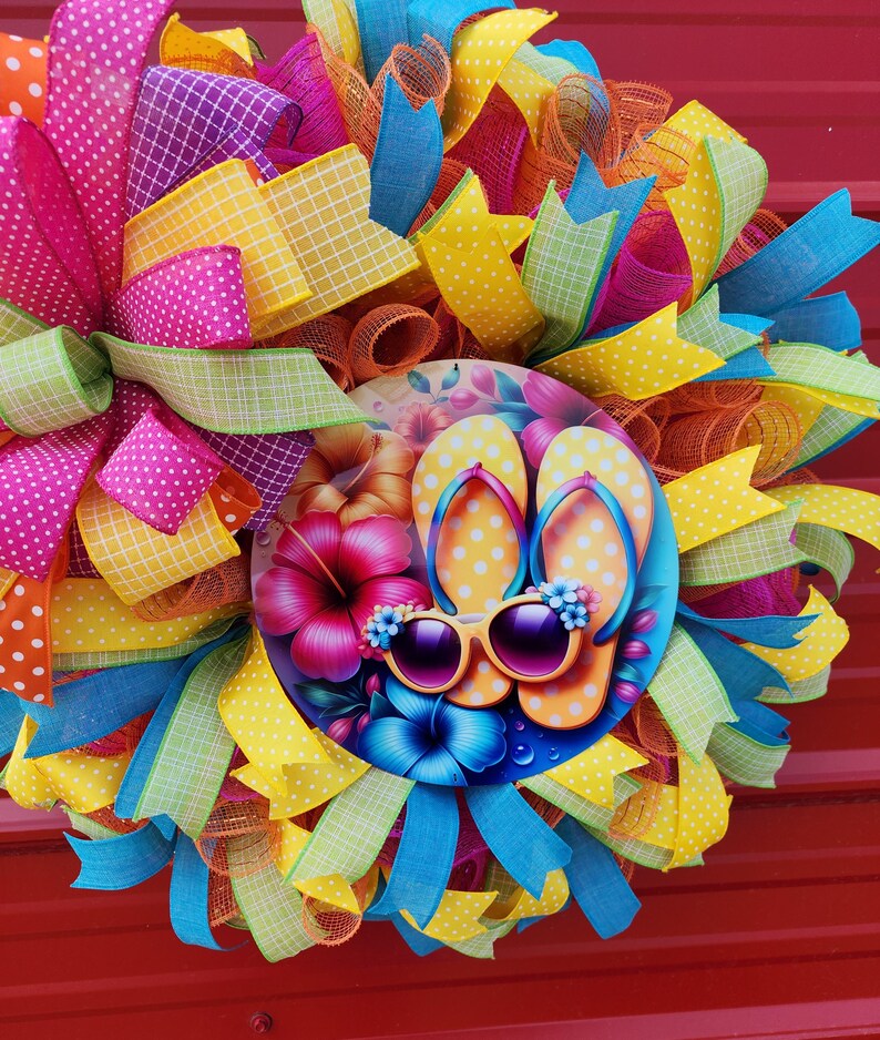 Bright Fun in the Sun Flip Flop Front Door Wreath | Vibrant Summer Mesh ...