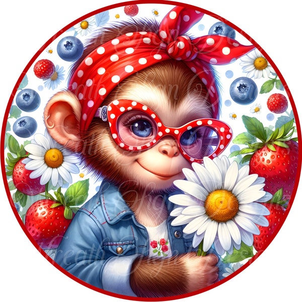 Monkey business, Monkey wearing glasses round metal wreath sign, wreath center, attachment, strawberry blueberry monkey springtime sign