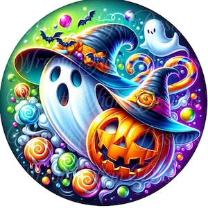 round metal wreath sign, Neon Ghost and pumpkin in witch hats Halloween sign, round metal wreath sign, wreath center