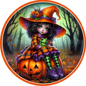 round metal wreath sign, whimsical witch and frog Halloween wreath sign, center, attachment
