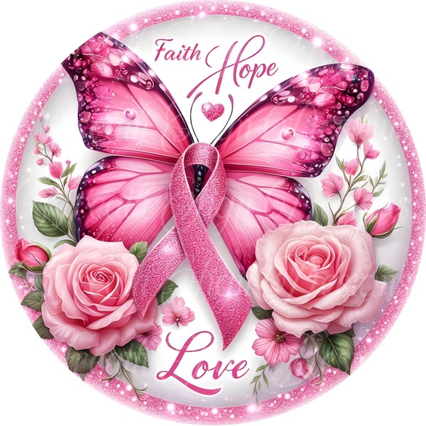 sublimated metal butterfly cancer survivor wreath sign, breast cancer awareness ribbon, pink awareness ribbon