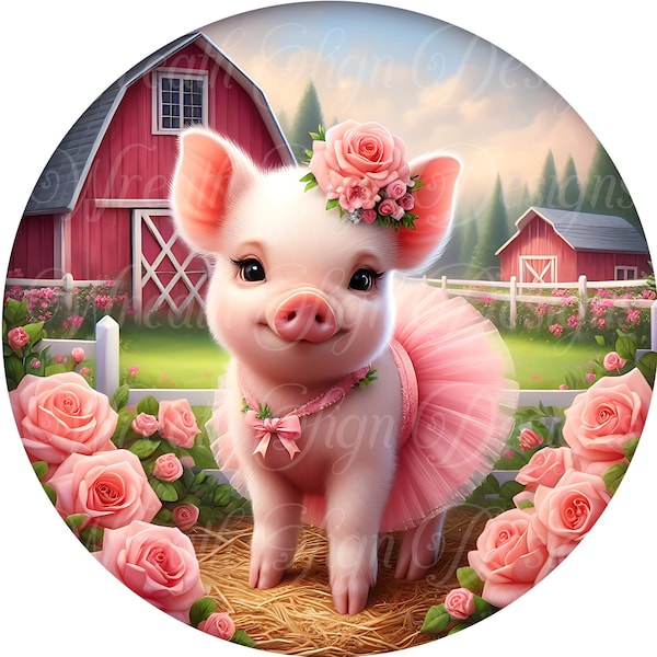 cute pig wearing a tutu sign, pink farmhouse wreath sign, Welcome metal wreath sign, Round sign,  attachment Wreath center, tiered tray sign