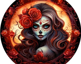 Sugar Skull Wreath Sign, Dia De Los Muertos Decoration