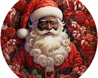 round metal sublimation wreath sign, African American, Black Melanin Santa Claus, St. Nicholas, Father Time, Kris Kringle, Christmas sign