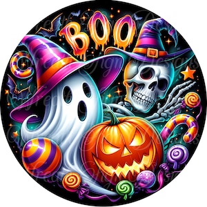 round metal wreath sign,Boo, Neon Ghost and Skeleton Halloween sign, round metal wreath sign, wreath center
