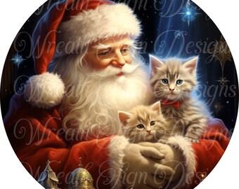 Santa Claus & Kitty Cat Christmas Wreath Sign