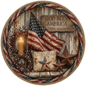 May include: A patriotic circular wall decor piece featuring an American flag, a pillow with a star design, and a wooden sign that reads "GOD BLESS AMERICA - 250th Anniversary". Includes a lit candle and star-shaped ornaments.