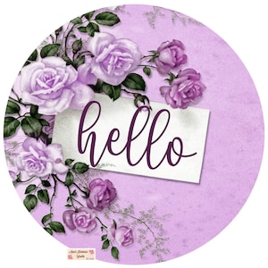 Hello Round Metal Sign: Spring Purple Roses Welcome