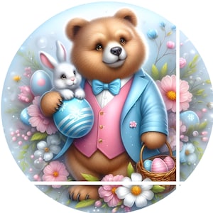 An Easter Bunny and her Bear, Pastel Easter metal wreath sign, Wreath center, Wreath attachment, Spring bear sign