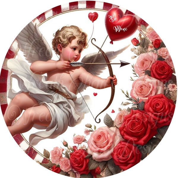 Be Mine Valentine's Day Cupid Heart wreath sign, Cherub with a bow wreath center, Rose wreath attchment, plaque