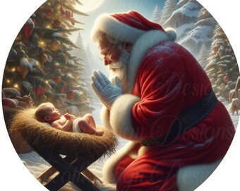 Christmas Wreath Sign: Santa Praying Over Baby Jesus