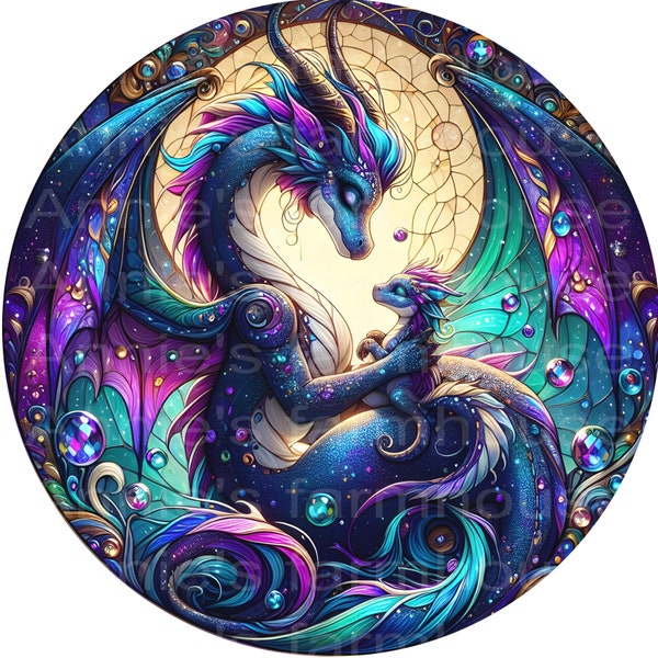 metal wreath sign, mythical fantasy stained glass dragon sublimation round
