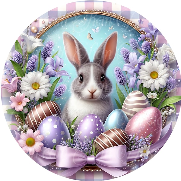 Easter rabbit metal wreath sign, lavender Easter bunny, spring Round sign, Wreath attachment, Wreath center,
