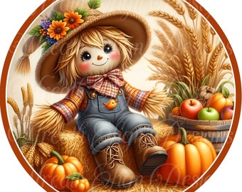 fall scarecrow  round metal wreath sign, wreath center, wreath attachment, weatherproof front door hanger, autumn decor