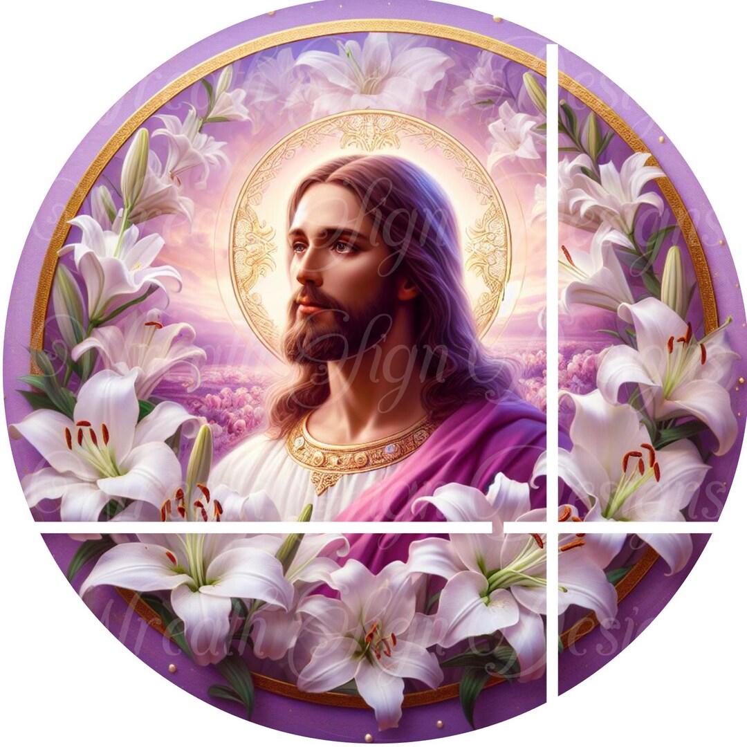 Easter Jesus Metal Wreath Sign: Purple Lily Round Center - Etsy