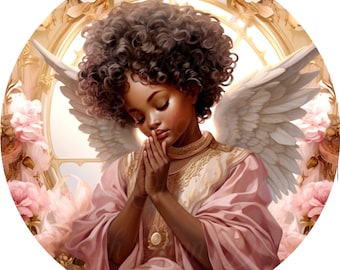 May include: A young girl with dark brown curly hair and a pink dress is depicted as an angel with large white wings. She is praying with her hands clasped together. The background is a soft, golden and white, with floral accents.