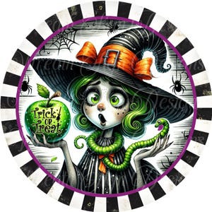 round metal wreath sign, whimsical witch and apple Halloween wreath sign, center, attachment