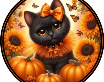 Black Cat Pumpkin Patch Metal Wreath Sign - Fall Halloween Decor