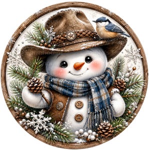 Woodland Snowman Metal Christmas Sign: Winter Wreath Center, Winter Bluebird