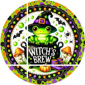 round metal wreath sign, Witch&#39;s Brew Halloween frog wreath sign,  Halloween Witch sign, center, attachment. plaque
