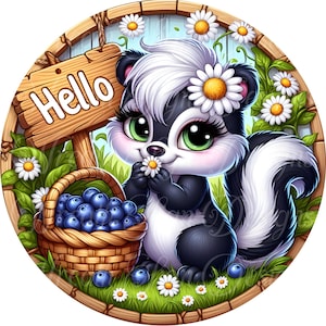 May include: A cartoon skunk with a daisy crown and green eyes holds a daisy, with a basket of blueberries. A wooden sign says "Hello". The skunk is surrounded by daisies and grass, set within a wooden frame.
