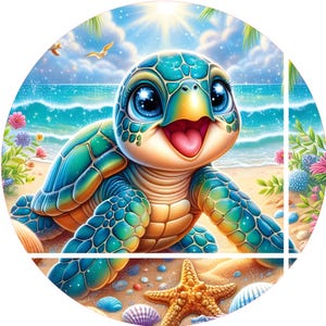 May include: A cartoon illustration of a smiling sea turtle on a sandy beach. The turtle has a blue and green shell, large blue eyes, and a pink tongue. The background features the ocean, sky, and a starfish.