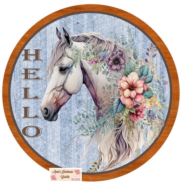 round sublimation metal wreath sign, Hello Horse Rustic farmhouse sign