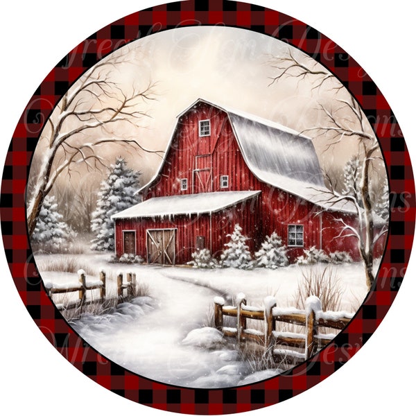 round metal wreath sign, rustic barn scene, old red barn,  farmhouse Christmas