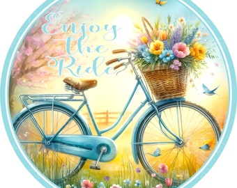 Puede incluir: Una bicicleta azul con una cesta de mimbre llena de flores coloridas. La bicicleta está en un campo con un cielo azul y un árbol rosa en el fondo. El texto "Enjoy the Ride" está escrito en la imagen.