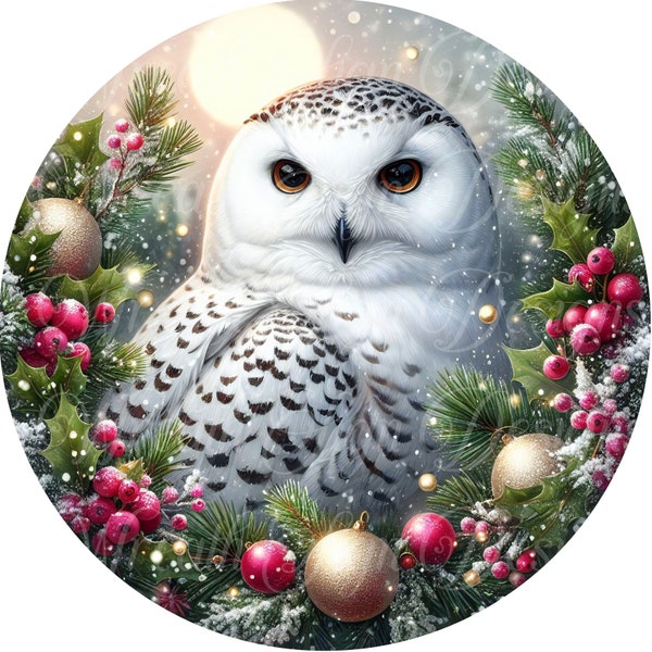 round metal sublimation wreath sign, Woodland owl, White winter owl sign, Christmas wreath center, wreath attachment