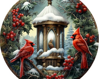 Christmas Cardinal Wreath Sign: Winter Lantern, Evergreen Centerpiece