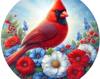 red white and blue cardinal summer wreath sign, patriotic cardinal decor