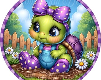 Turtle Wreath Sign: Green, Purple, and Daisies Metal Attachment