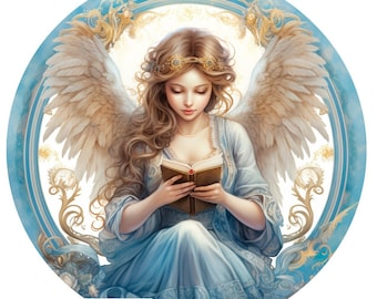 Puede incluir: Una pintura de un ángel con alas, vistiendo un vestido azul y una corona dorada, leyendo un libro. El ángel está rodeado de un marco dorado y azul.