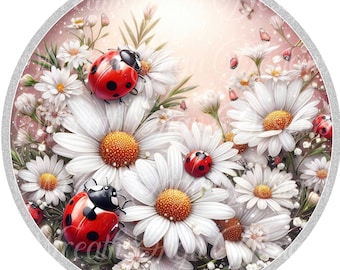 Ladybug Metal Wreath Sign: Daisy Spring Door Decor