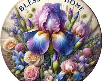 Bless This Home Iris Flower Wreath Sign - Springtime Mother's Day Decor