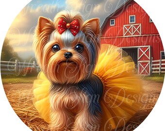 Yorkie dog wearing a tutu metal sign  barnyard Round sign, Wreath attachment, Wreath center,