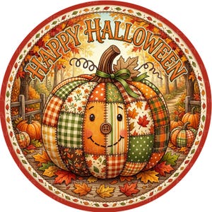 May include: A round sign featuring a patchwork pumpkin with a button nose and stitched smile. The text Happy Halloween is arched above. The background shows a forest path with fallen autumn leaves, a wooden fence, and smaller pumpkins.