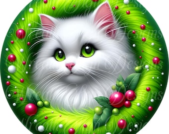 Christmas Cat Wreath Sign: Green Winter Theme, Metal Wreath Center