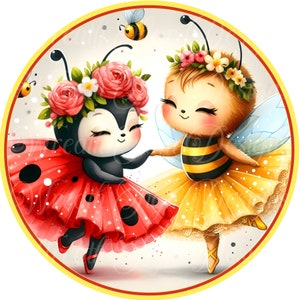 May include: A ladybug and a bee wearing flower crowns and tutus are dancing together. The ladybug is red with black polka dots and the bee is yellow and black with a light blue tutu.