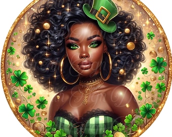 St. Patrick's Day, African American, Black Melanin, Black Diva, Shamrock Wreath sign, center, attachment, plaque