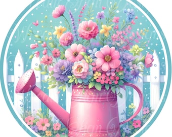 Pink Watering Can Wreath Sign: Pastel Spring Flowers Centerpiece