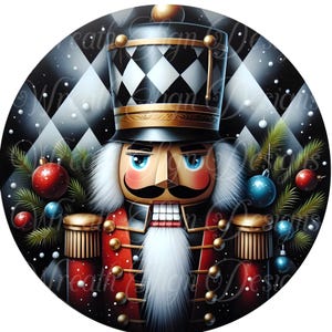 nutcracker toy soldier round metal wreath sign, harliquin Nutcracker holiday sign, Christmas sign, wreath attachment,